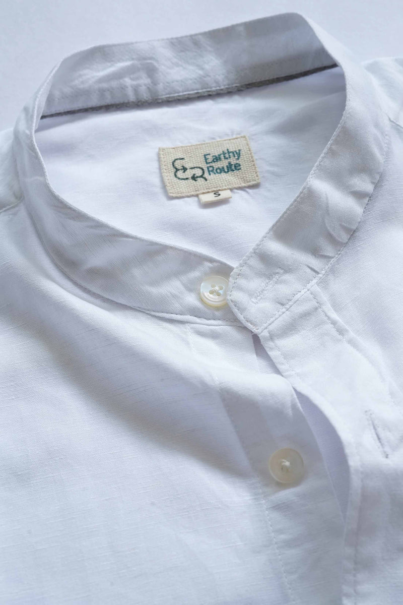 Earthy Route Half Sleeve Mandarin Collar Shirt in TENCEL™ Lyocell Linen | Snow White