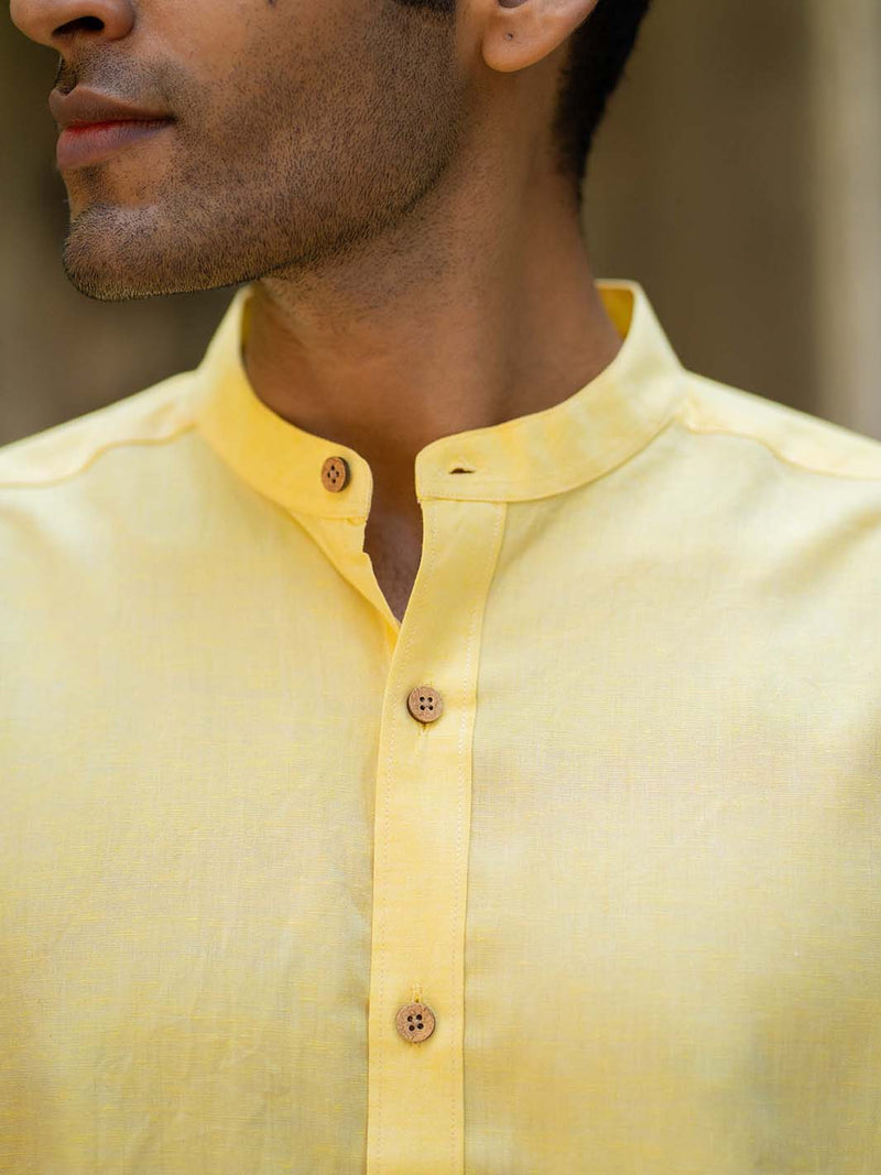 Earthy Route Tencel™ Lyocell Linen Mandarin Collar Shirt in Lemon Yellow