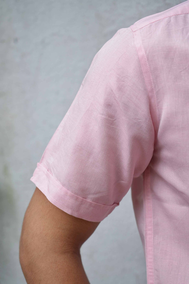 Earthy Route Half Sleeve Mandarin Collar Shirt in TENCEL™ Lyocell Linen | Charm Pink