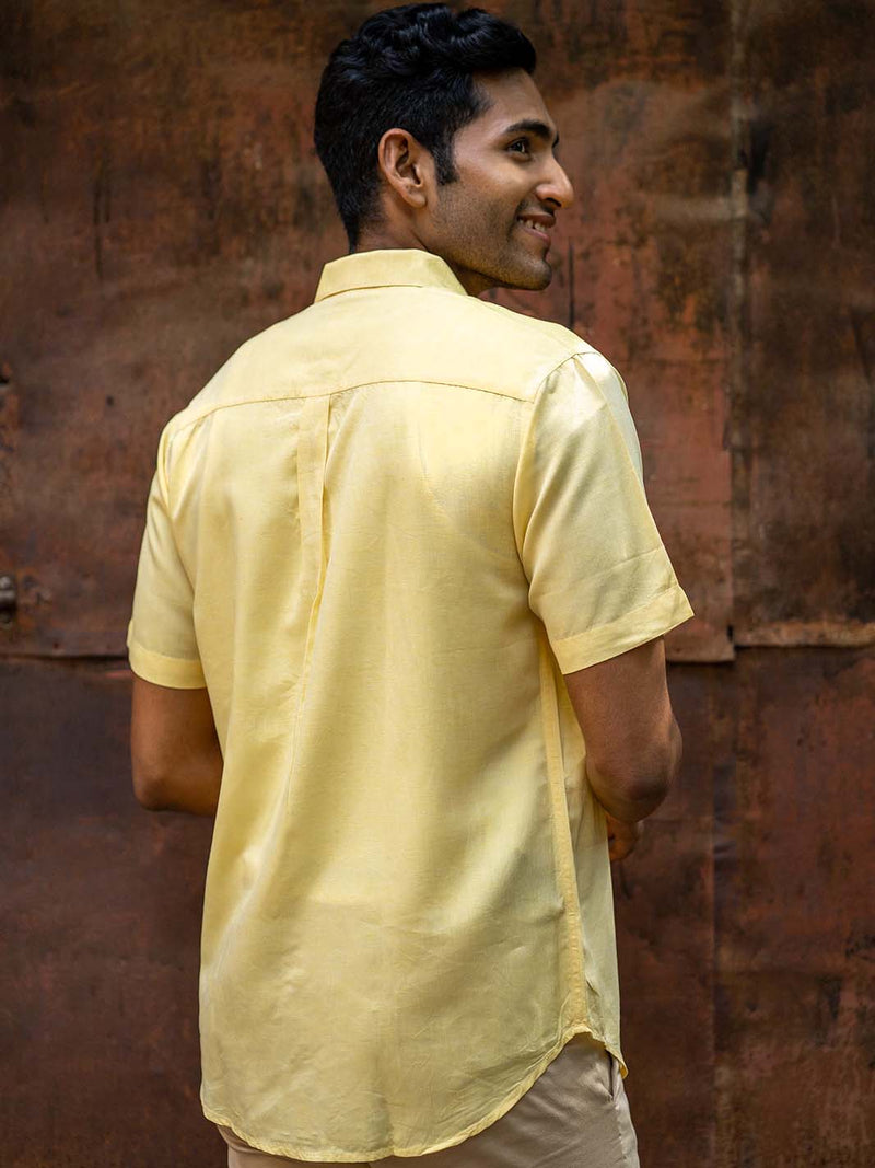 Earthy Route Tencel™ Lyocell Linen Half Sleeve Shirt in Lemon Yellow