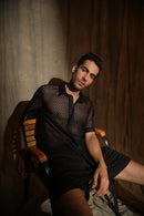 Label Muslin Black Crochet Net Men's Shirt