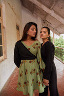 The Conscious Closet Green and Black Diagonal Lotus Pods Dress Set