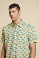Patrah Block Green and Blue Car Handblock Printed Shirt