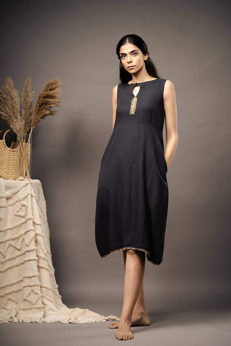 Taraasi Women's Black Minimalist Dress With Pintucks And Handmade Jute Lace