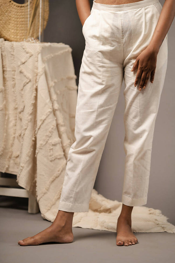Taraasi Women's Ivory Handwoven Organic Cotton Straight Yet Comfortable Pants