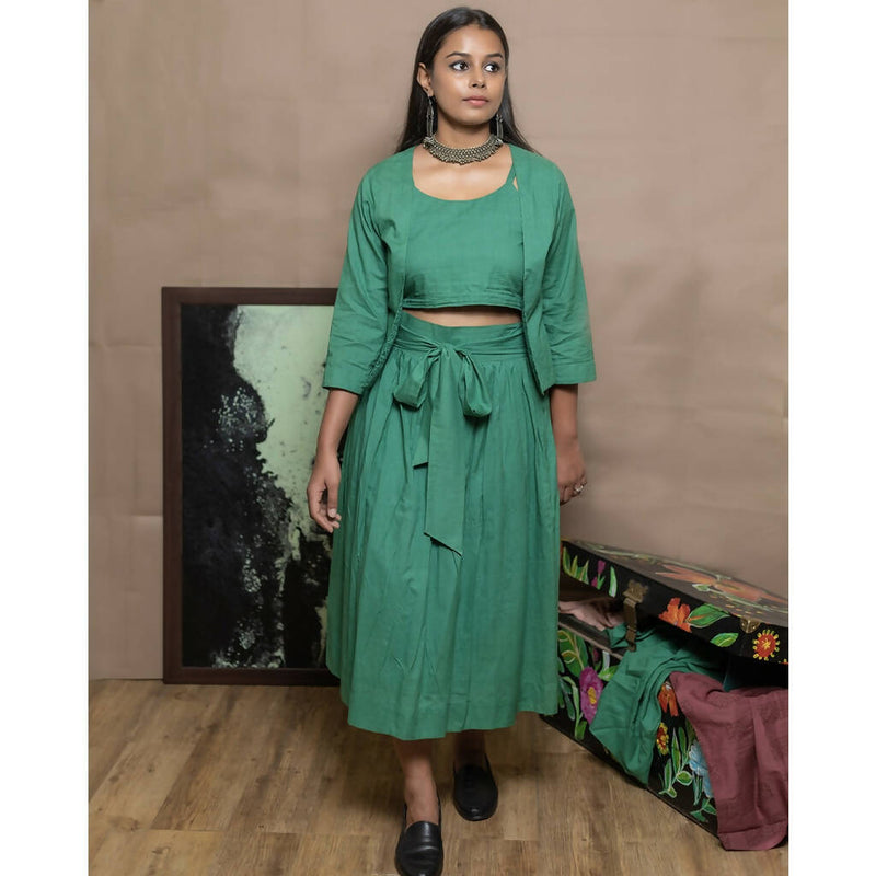 AC By Aratrika Chauhan 100% Organic Cotton Mulmul Green Skirt - Top - Jacket -Stole Set