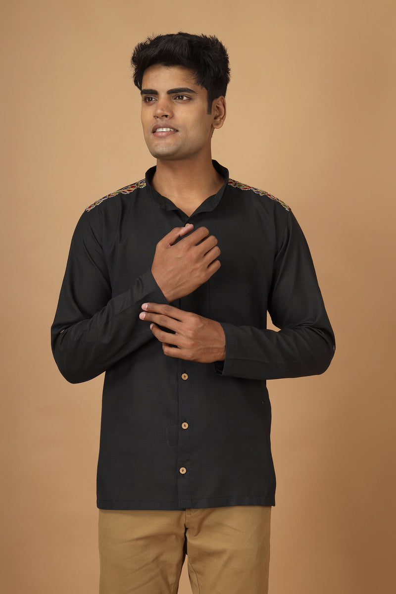 Tamaksh Men's Black Matka Cotton Ahir Hand Embroidery Shirt