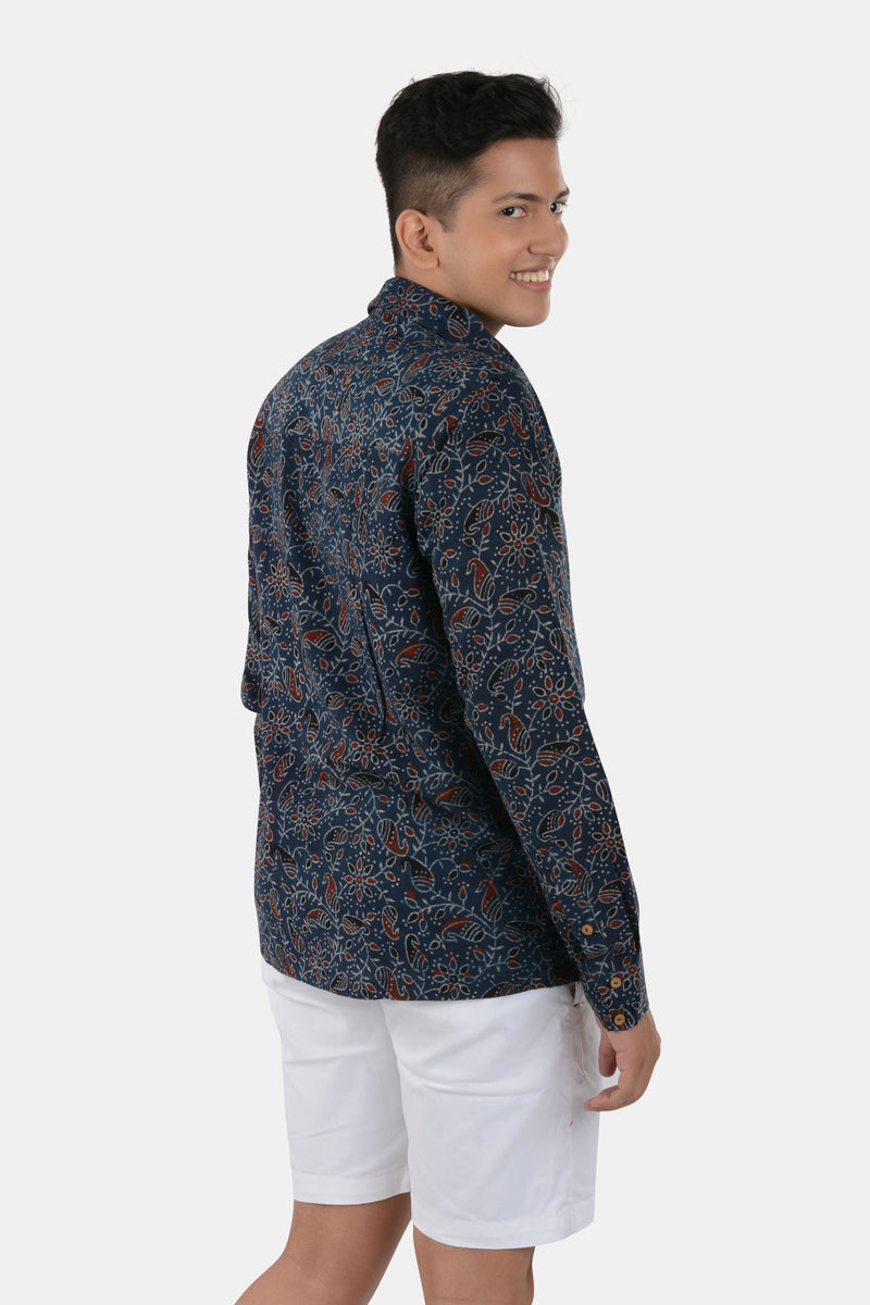 Tamaksh Men's Blue Cotton Handcrafted Ajrakh Shirt