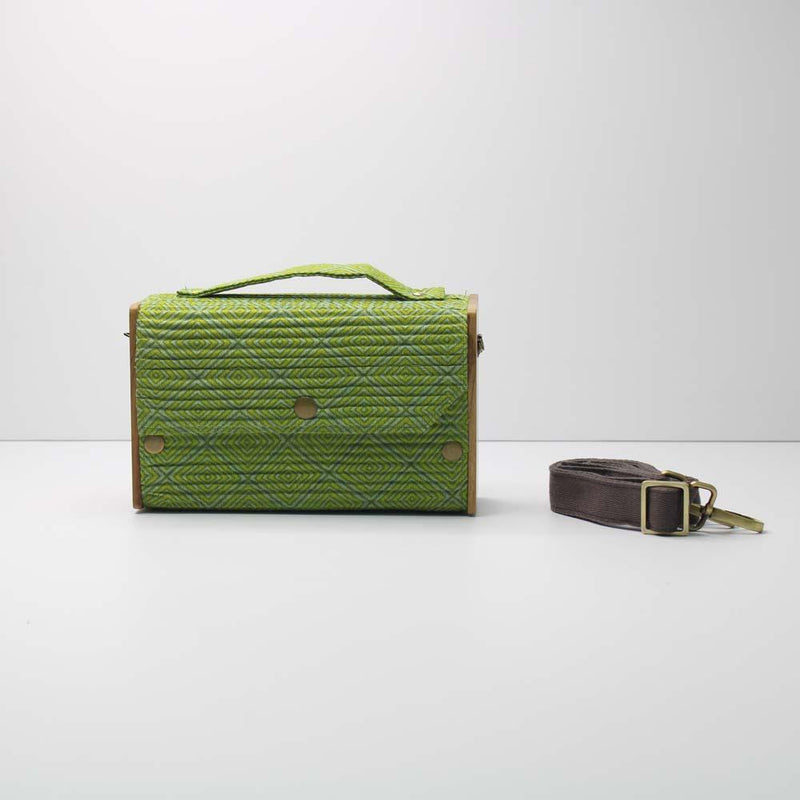 Lukka Chuppi  Combo of Box Sling Bag in Upcycled Cotton and Reclaimed Wood -  Geometric Green & Solid Yellow