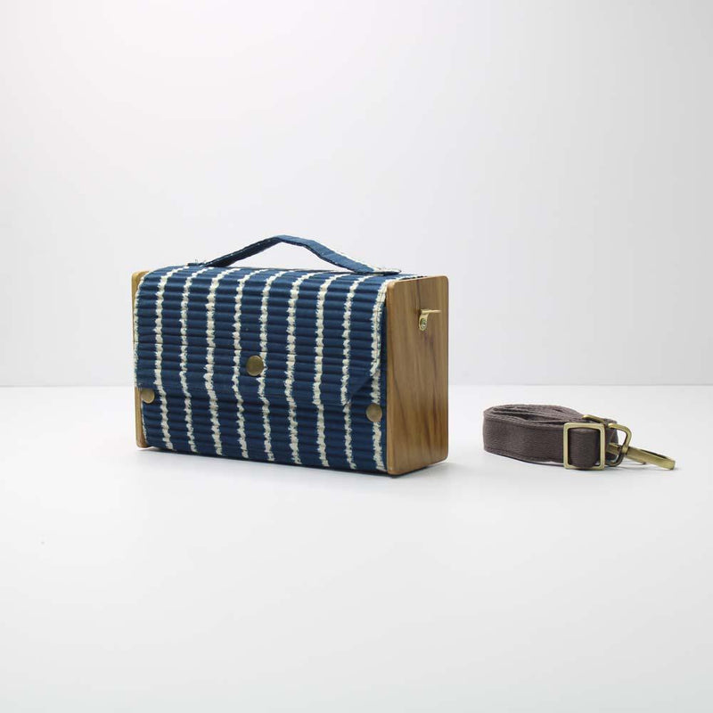 Lukka Chuppi  Combo of Box Sling Bag in Upcycled Cotton and Reclaimed Wood - Baby Pink Lines & Navy Blue Single Line