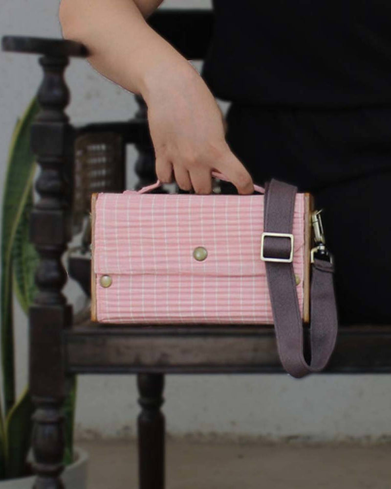 Lukka Chuppi  Baby Pink Lines Patterned Handcrafted Wodden Trendy Box Sling Bag
