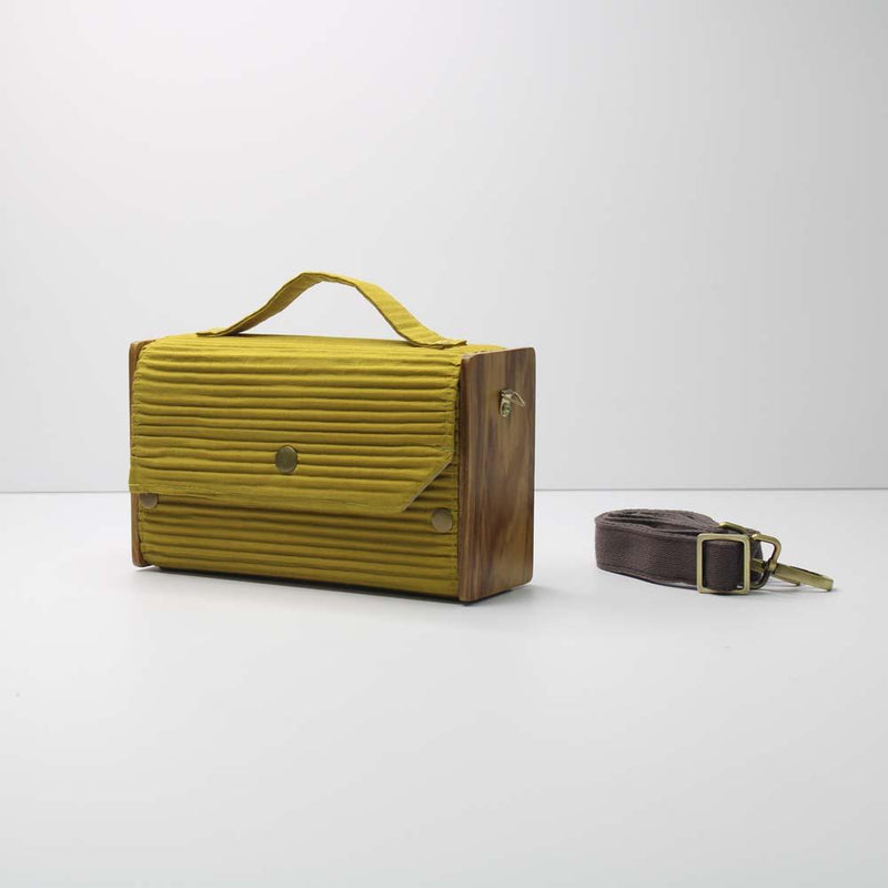 Lukka Chuppi  Combo of Box Sling Bag in Upcycled Cotton and Reclaimed Wood -  Geometric Green & Solid Yellow