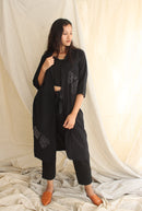 Ethically made Boxy fit Cotton Linen jacket with Fabric Manipulation Pleating Detailss. front tie  and hand embroidery