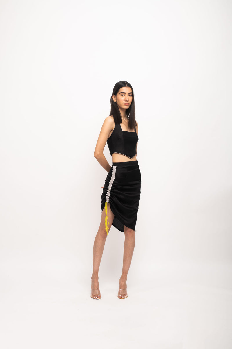 Neora by Nehal Chopra Bemberg Modal Silk Black-Grey Halter Neck Skirt Set