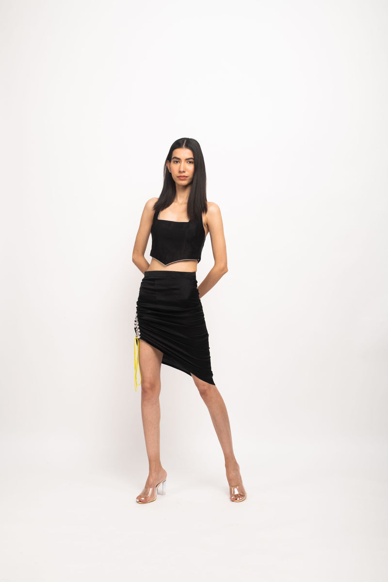 Neora by Nehal Chopra Bemberg Modal Silk Black-Grey Halter Neck Skirt Set