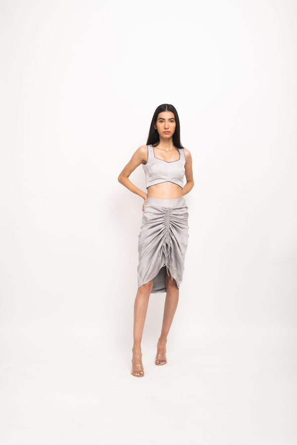 Neora by Nehal Chopra Bemberg Modal Silk Grey-Blue Bustier Skirt Set