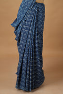 Tamaksh Women's Indigo Cotton Handblock Printed Dabu Saree