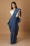 Tamaksh Women's Indigo Cotton Handblock Printed Dabu Saree