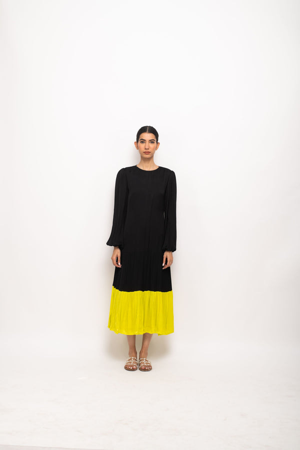 Neora by Nehal Chopra Bemberg Modal Silk Black-Neon Gather Maxi Dress