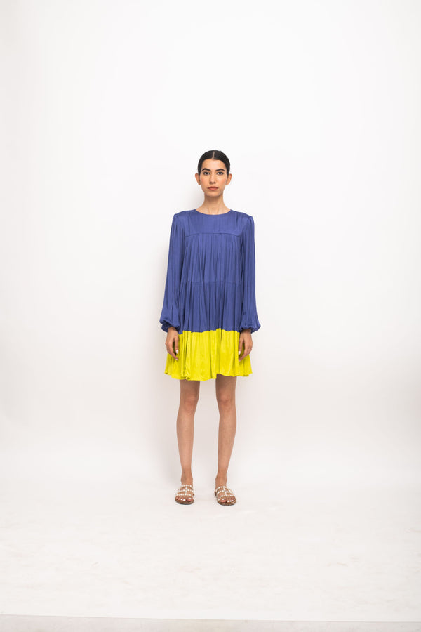 Neora by Nehal Chopra Bemberg Modal Silk Blue-Neon Gather Short Dress