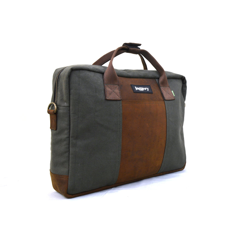 Jaggery Out Back and Beyond Co-founder's Bag in Rescued Army Olive Green Canvas & Salvaged Nubuck [15" Laptop Bag]