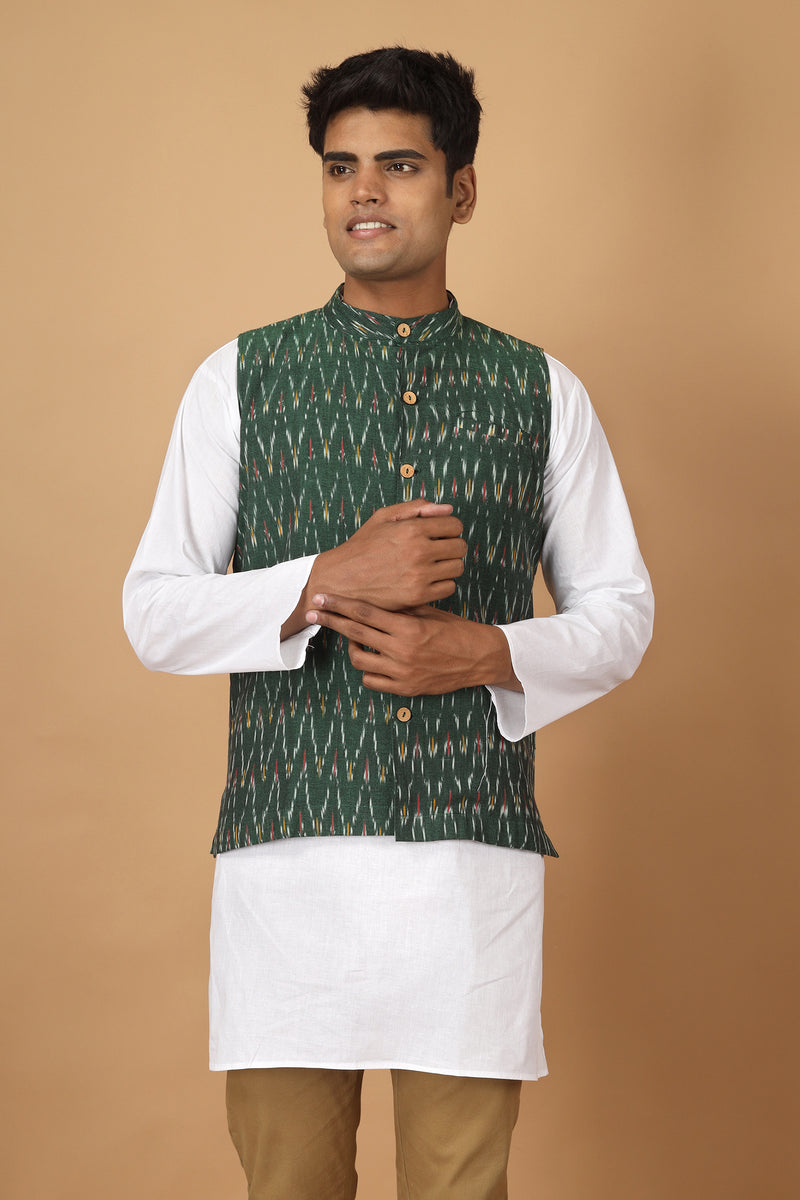 Tamaksh Men's Green Cotton Handcrafted Handwoven Ikat Nehru Jacket