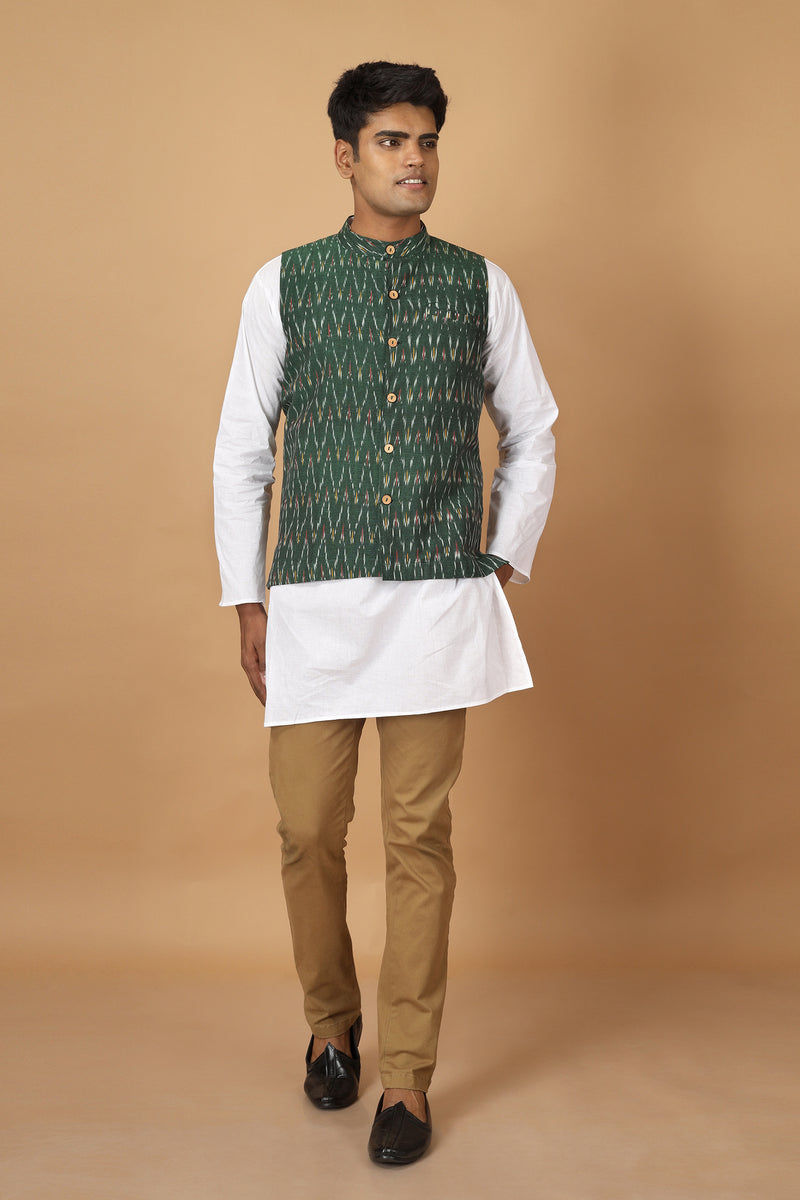 Tamaksh Men's Green Cotton Handcrafted Handwoven Ikat Nehru Jacket