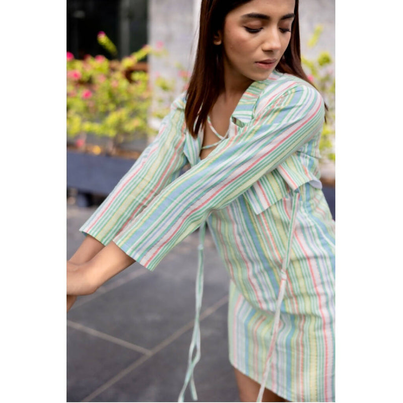 AC By Aratrika Chauhan 100% Organic Handloom Cotton Stripe Green Crop Jacket-Dress