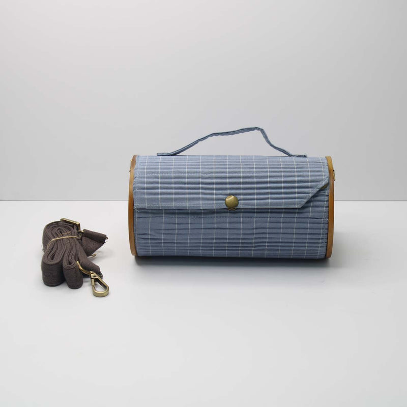 Lukka Chuppi  Combo of Round Sling Bag in Organic Cotton and Reclaimed Wood- Sky Blue Lines & Solid Sea Green