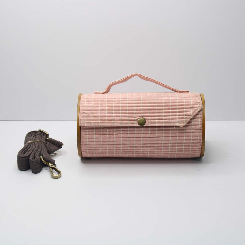 Lukka Chuppi  Round Sling Bag in Organic Cotton and Reclaimed Wood - Baby Pink Lines