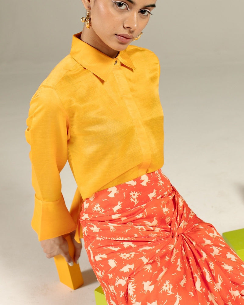 Studio Rigu  Jodhpur Mustard Linen Shirt with Draped Cuff