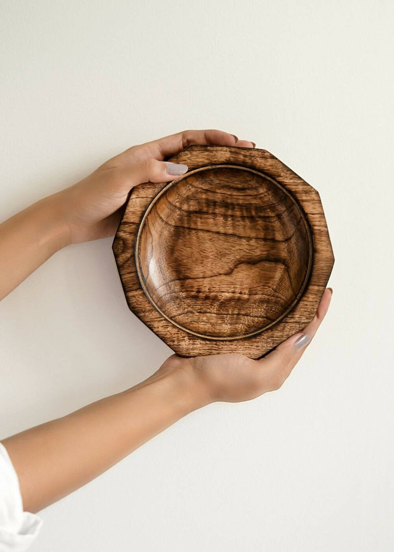 Hohmgrain Home Décor Dark Brown Seasoned Mango Wood Handcrafted Decagon Bowl-Set of 2