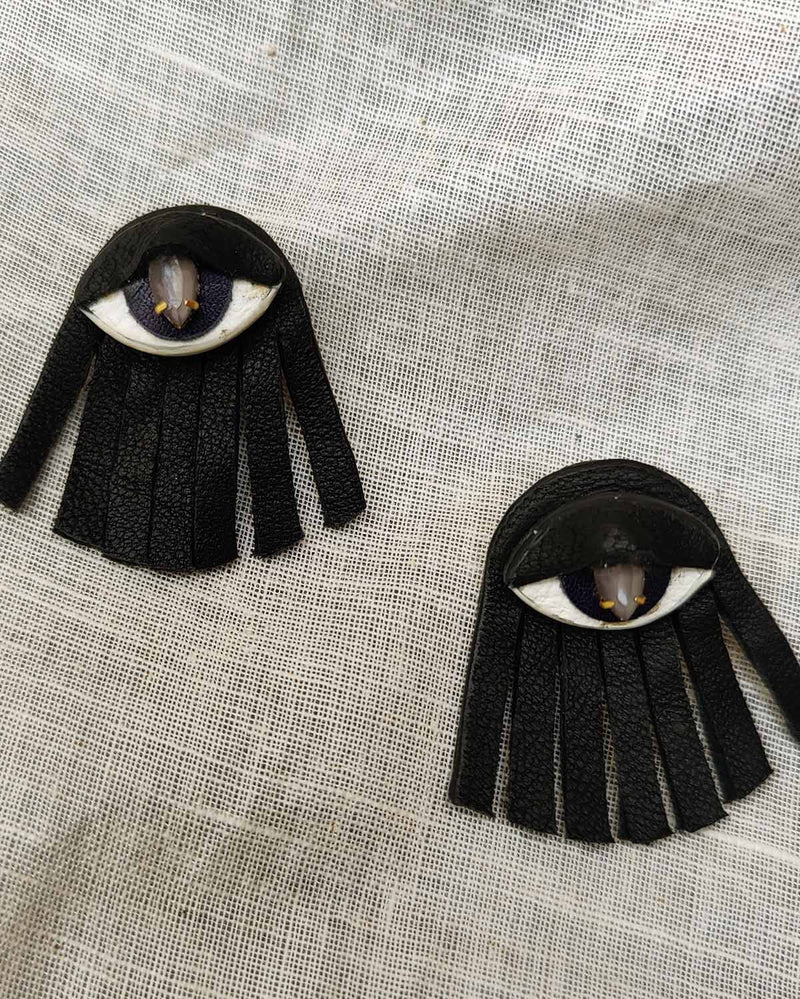 Noupelle  Evil Eye Black and White Upcycled Leather Earring