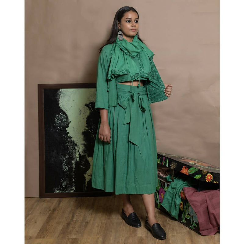 AC By Aratrika Chauhan 100% Organic Cotton Mulmul Green Skirt - Top - Jacket -Stole Set