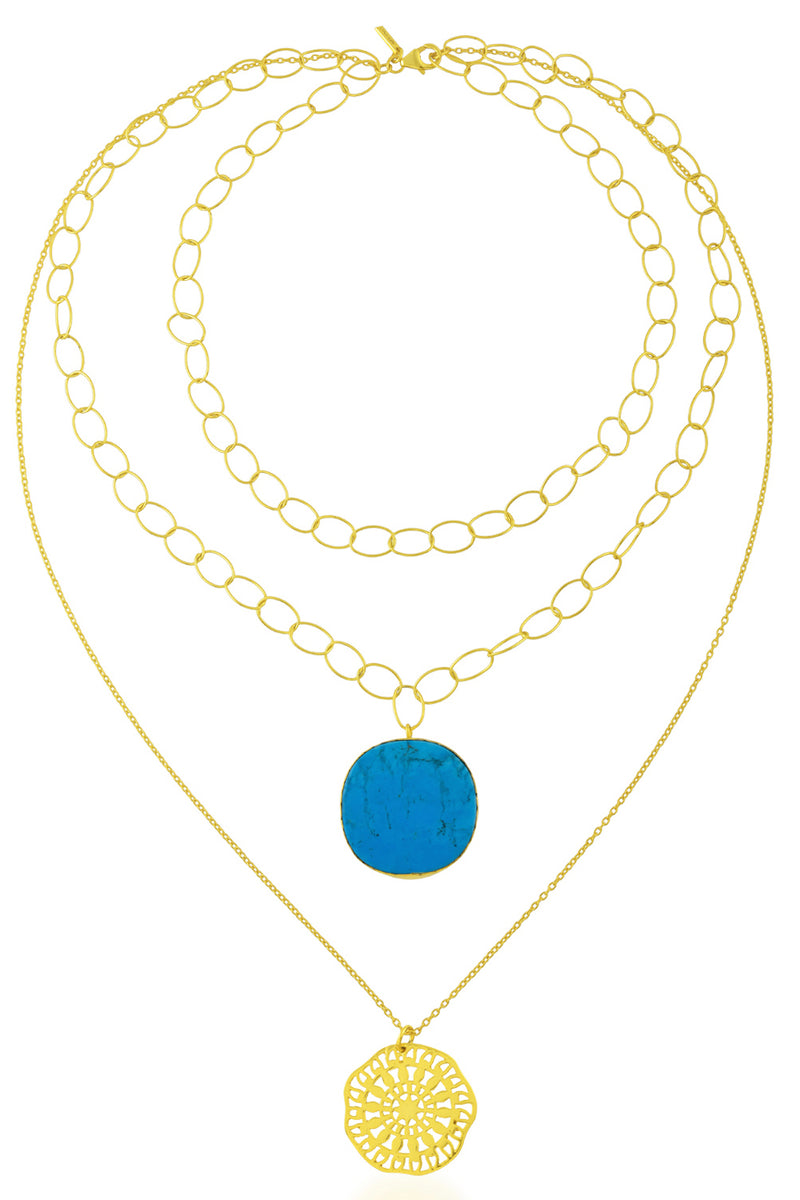 Arvino Textured Coin & Turquoise Layered Necklace (Water Resistance Premium Plating)