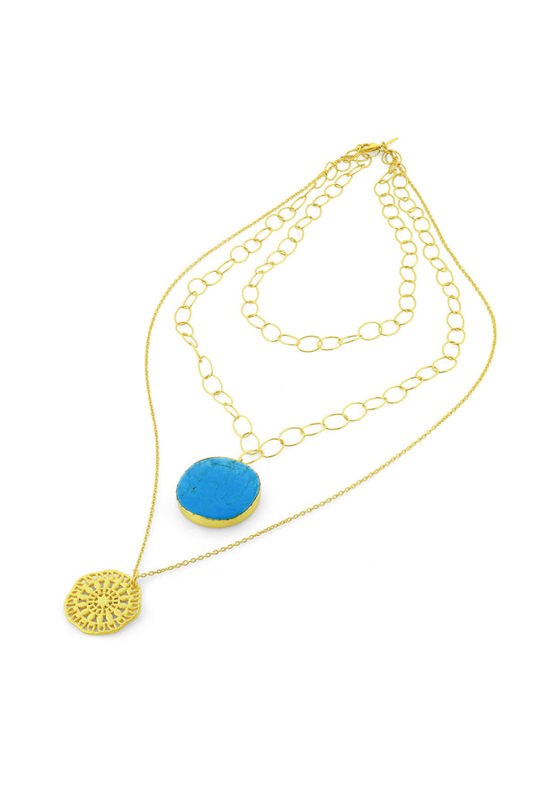 Arvino Textured Coin & Turquoise Layered Necklace (Water Resistance Premium Plating)
