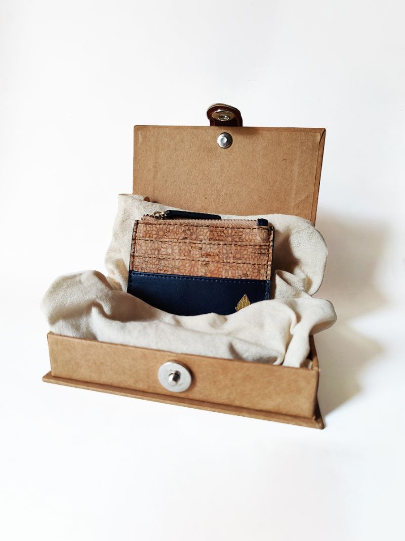 Green Hermitage Iris- Apple leather & cork Card Holder (Navy blue)