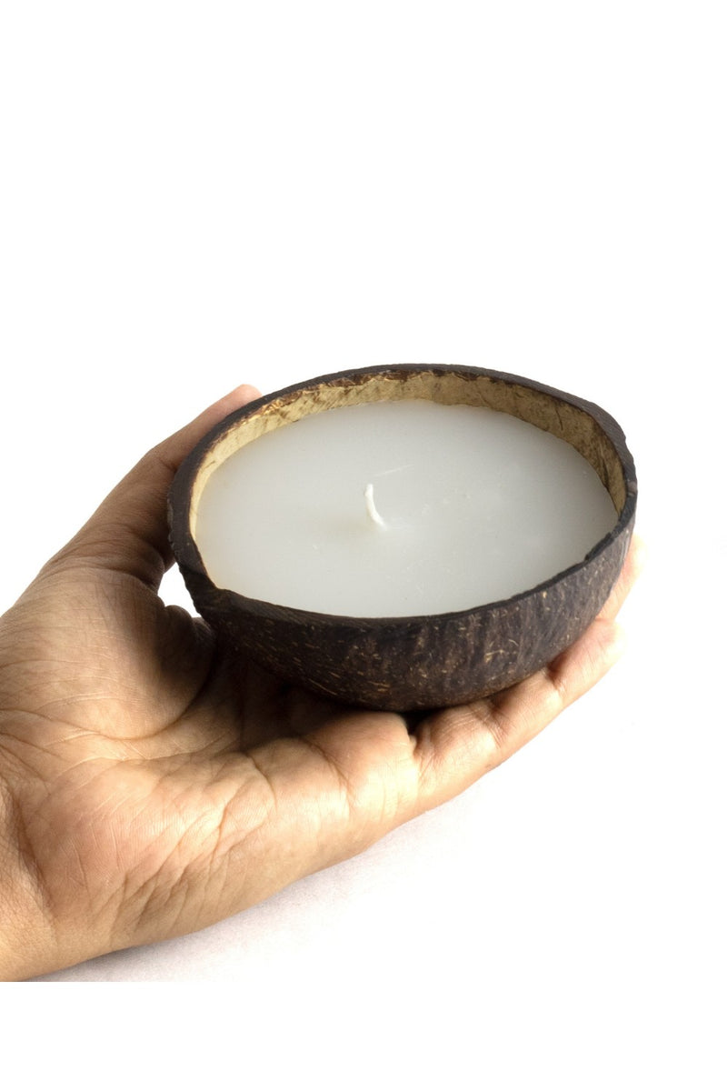 Thenga Brown Coconut Shell Eco-Friendly Candle/Diya | Coconut Scented White Candles ( Set of 2 )