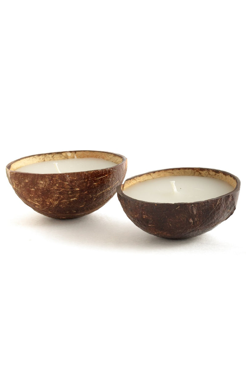 Thenga Brown Coconut Shell Eco-Friendly Candle/Diya | Coconut Scented White Candles ( Set of 2 )