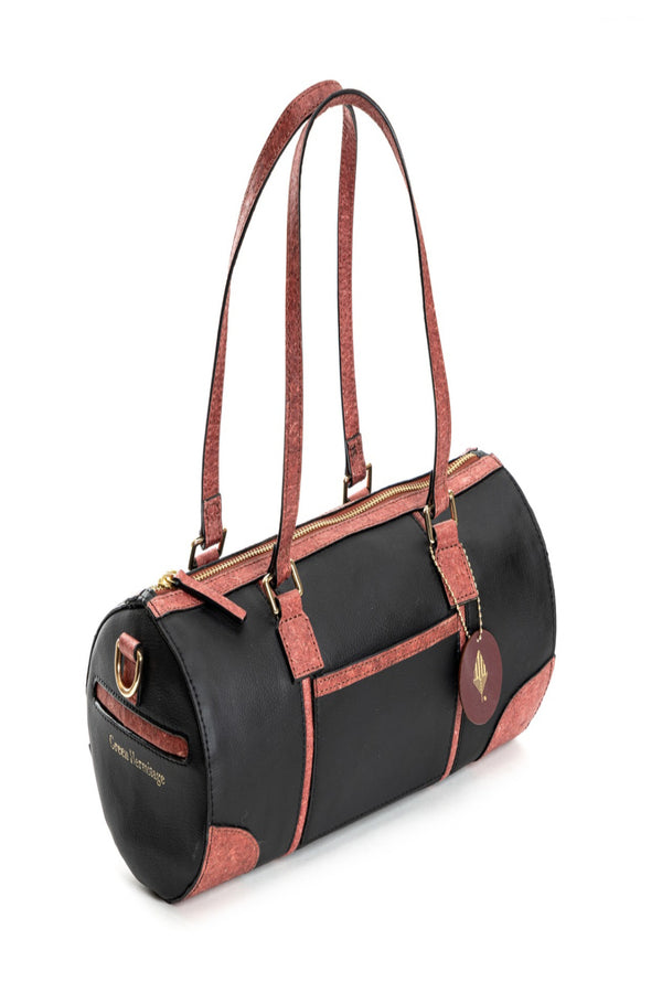 Green Hermitage Salacia Vegan Leather Duffle/Bowler Bag (Black & Madder Red)