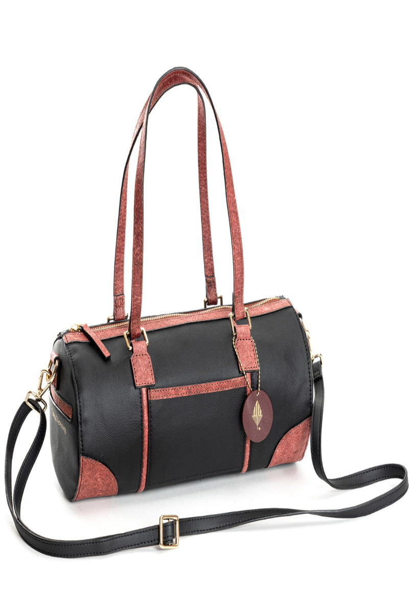 Green Hermitage Salacia Vegan Leather Duffle/Bowler Bag (Black & Madder Red)