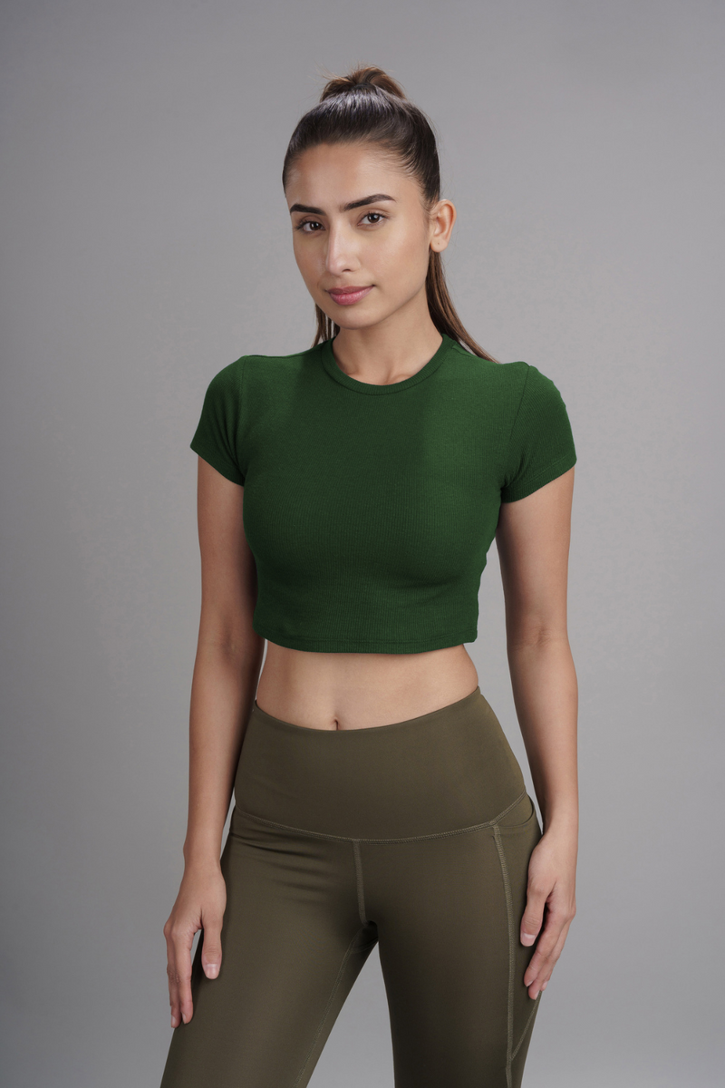 Carbontree Bamboo Women Pine Green Casual Crop Top
