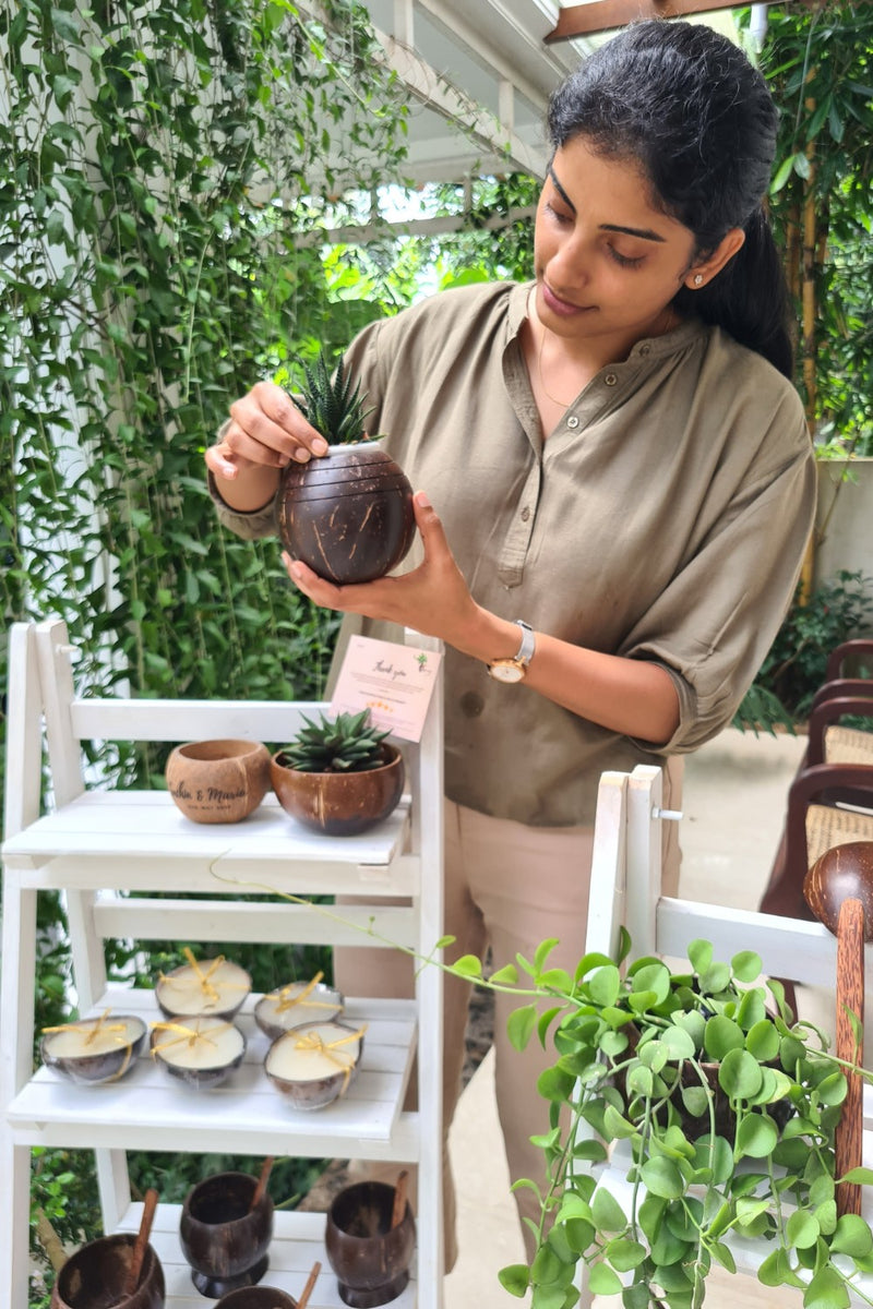 Thenga Brown Coconut Shell Three line Indoor/Gardening Planter Pots | Eco-Friendly ( Set of 1 )