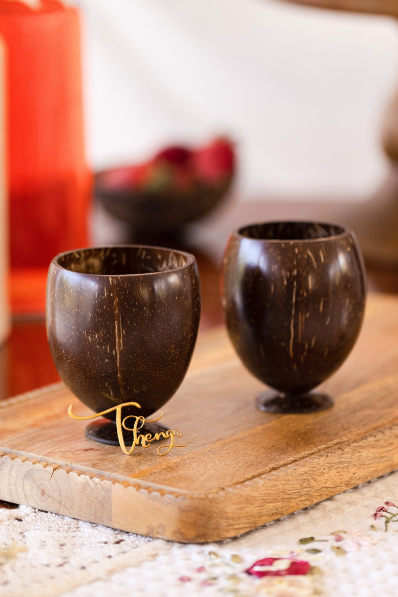 Thenga Brown Coconut Shell Cup | Natural & Handmade | Tea/Coffee/Juice Cups - 200 ml ( Set of 2 )