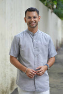 Earthy Route Half Sleeve Mandarin Collar Shirt in TENCEL™ Lyocell Linen | Slate Grey