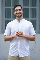 Earthy Route Half Sleeve Mandarin Collar Shirt in TENCEL™ Lyocell Linen | Snow White