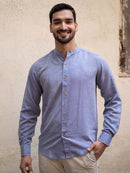 Earthy Route Tencel™ Lyocell Linen Mandarin Collar Shirt in Steel Blue