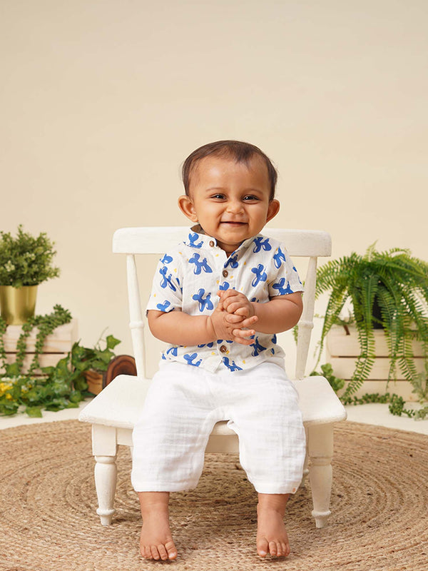 Greendigo Organic Cotton Pack of 1 Printed Shirt for Newborn Baby Boys - Blue and White