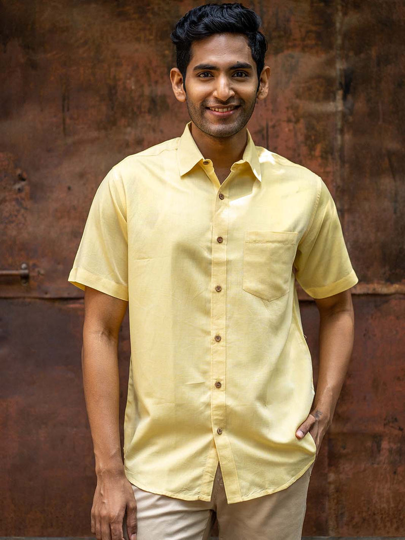 Earthy Route Tencel™ Lyocell Linen Half Sleeve Shirt in Lemon Yellow