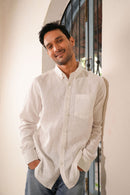 Earthy Route Full Sleeve Button Down Collar Shirt in 100% Linen | Classic White